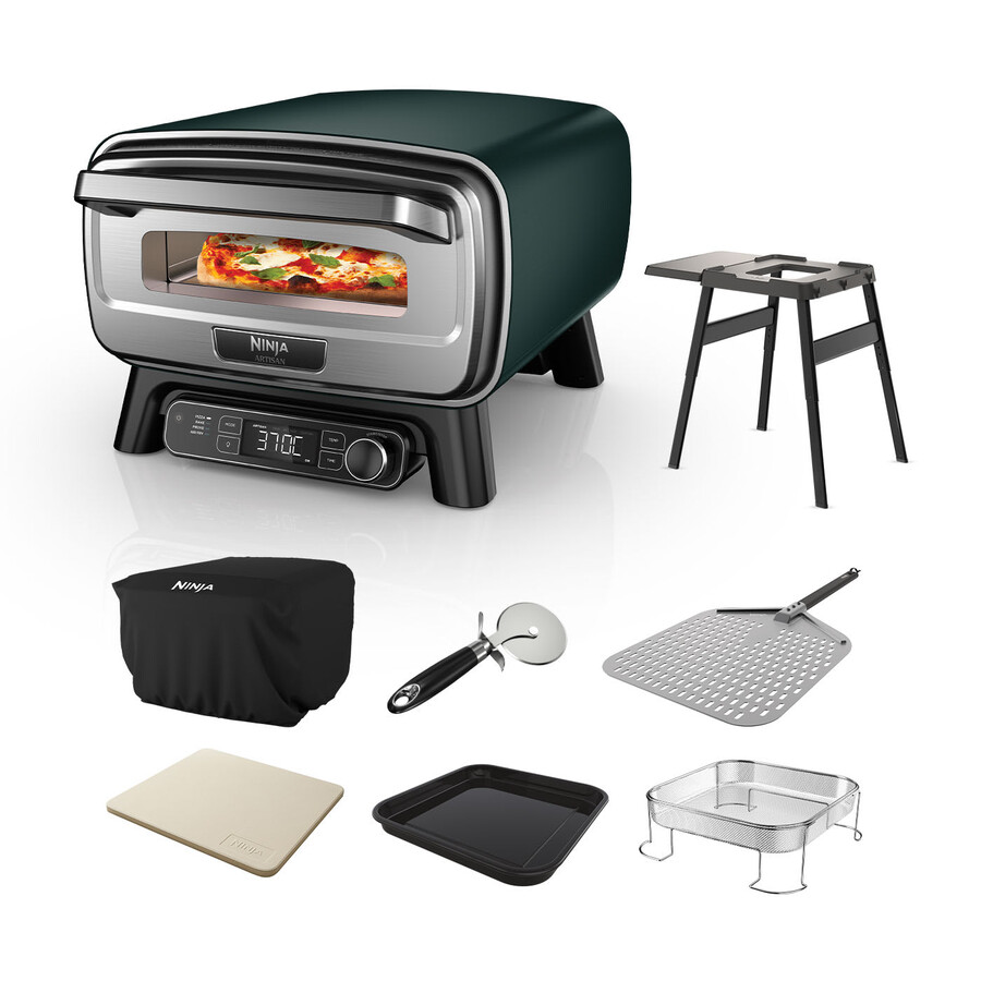 horno de pizza eléctrico para exteriores y freidora de aire – verde británico con soporte