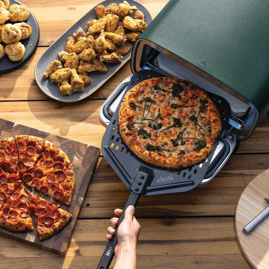 horno de pizza eléctrico para exteriores y freidora de aire – verde británico con soporte