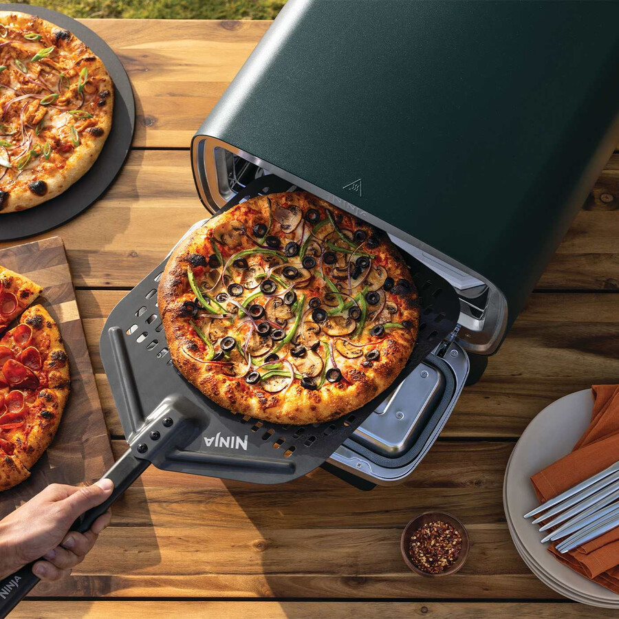 horno de pizza eléctrico para exteriores y freidora de aire – verde británico con soporte