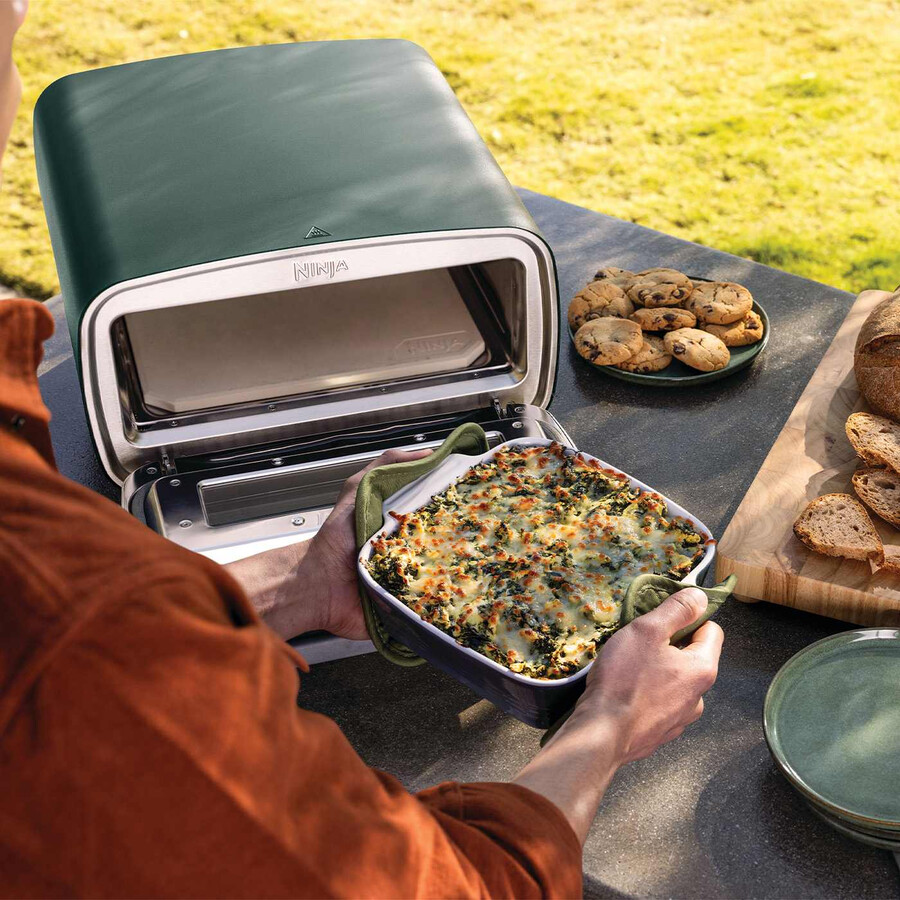 horno de pizza eléctrico para exteriores y freidora de aire – verde británico con soporte